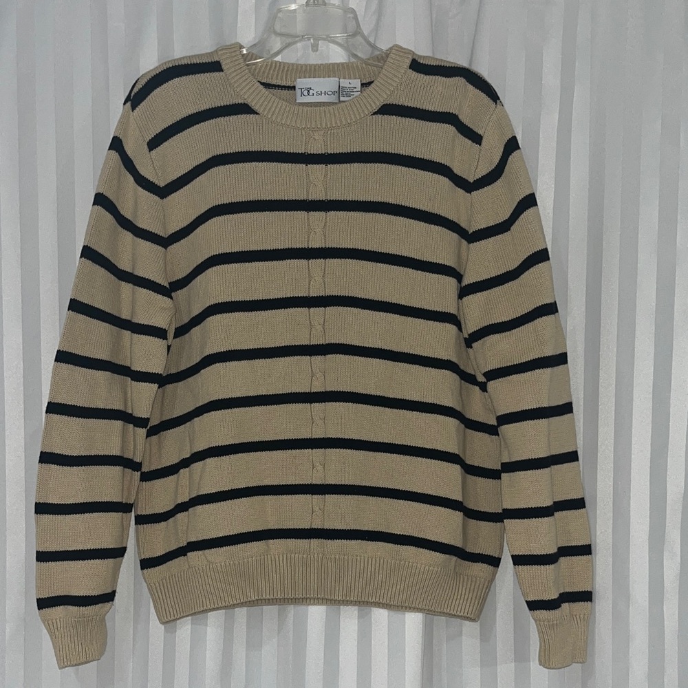 TOG Shop Striped Beige and Black Sweater w/Center Cable Knit Detail